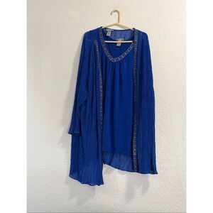 CATHERINES BLUE 3/4 SLEEVE EMBROIDERED SHEER OPEN FRONT CARDIGAN, TANK 4x
